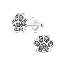Silver Paw Print Crystal Screw Back Earrings - 6233