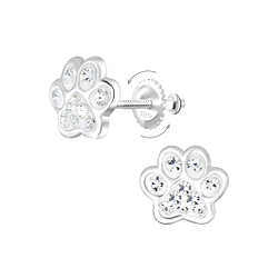 Silver Paw Print Crystal Screw Back Earrings - 6233