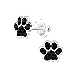 Silver Paw Print Crystal Screw Back Earrings - 6233