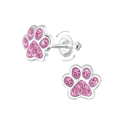 Silver Paw Print Crystal Screw Back Earrings - 6233