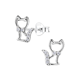 Silver Cat Stud Earrings - 8723