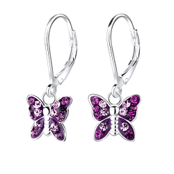 Silver Butterfly Crystal Lever Back Earrings - 9164