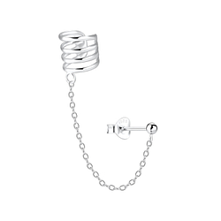 Silver Ball Stud Earring and Four Line Ear Cuff with Chain - 8982