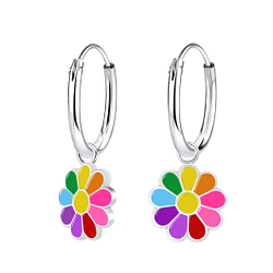 Silver Daisy Flower Charm Hoop Earrings - 8780