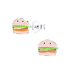 Silver Burger Stud Earrings - 9342