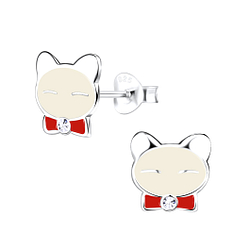 Silver Cat Stud Earrings - 9369