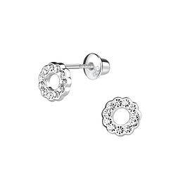 Silver Flower Screw Back Bullet Earrings - 9513