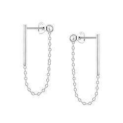 Silver Bar Stud Earrings With Chain - 5474