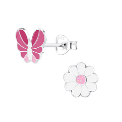Silver Butterfly and Flower Stud Earrings - 9946 Silver Butterfly and Flower Stud Earrings - 9946