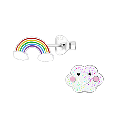 Silver Rainbow and Cloud Stud Earrings - 9948