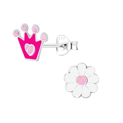 Silver Crown and Flower Stud Earrings - 9950