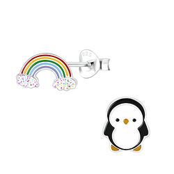 Silver Rainbow and Penguin Stud Earrings - 9951