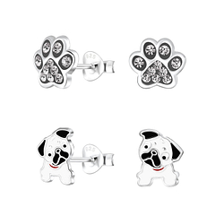 Silver Dog Lovers Stud Earrings Set - 9967