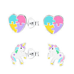 Silver Unicorn Lovers Stud Earrings Set - 9963