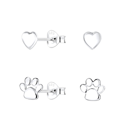 Silver Dog Lovers Stud Earrings Set - 9977