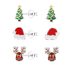 Silver Christmas Holiday Stud Earrings Set - 9970