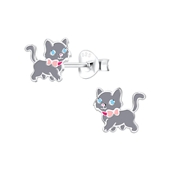 Silver Cat Stud Earrings - 10509