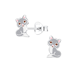 Silver Cat Stud Earrings - 10495