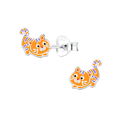 Silver Cat Stud Earrings - 10151