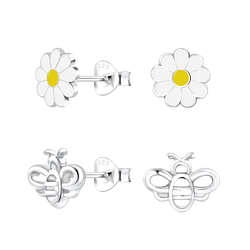 Silver Flower and Bee Stud Earrings Set - 10038