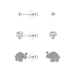 Silver Elephant Stud Earrings Set - 10027