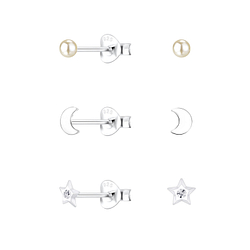 Silver Moon and Star Stud Earrings Set - 10023