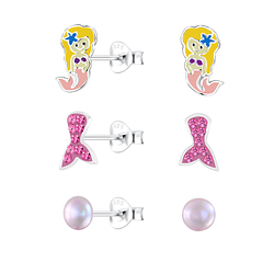 Silver Mermaid Stud Earrings Set - 10040