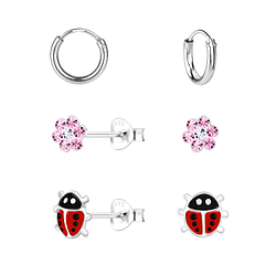 Silver Flower and Ladybug Stud Earrings Set - 10019