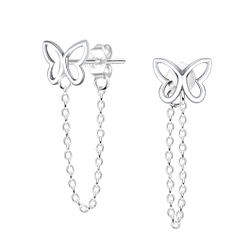 Silver Butterfly Stud Earrings with Chain - 10302