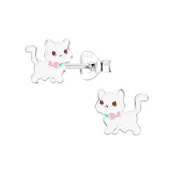 Silver Cat Stud Earrings - 10149