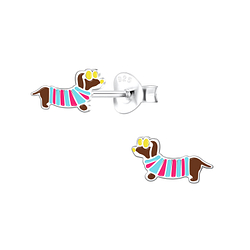 Silver Dachshund Dog Stud Earrings - 10155