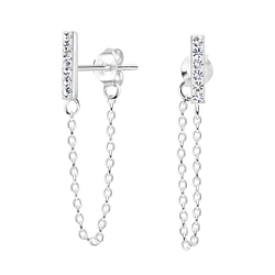 Silver Crystal Bar Stud Earrings With Chain - 10308