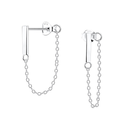 Silver Bar Stud Earrings With Chain - 10294