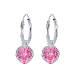 6mm Heart Cubic Zirconia Silver Charm Hoop Earrings - 2254