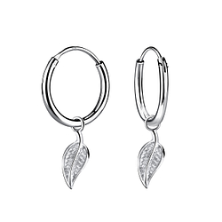 Silver Leaf Charm Hoop Earrings - 10246