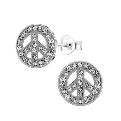 Silver Peace Sign Crystal Stud Earrings - Wholesale - 11222 Silver Peace Sign Crystal Stud Earrings - Wholesale - 11222