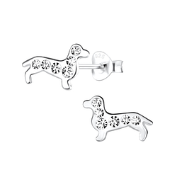 Silver Dachshund Dog Stud Earrings - 11310