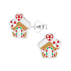 Silver Gingerbread House Stud Earrings - 11316 Silver Gingerbread House Stud Earrings - 11316