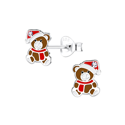 Silver Christmas Bear Stud Earrings - 13364