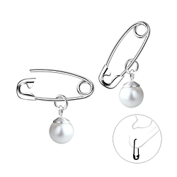 Silver Safety Pin Hoop Earrings With Pearl - 11759 Silver Safety Pin Hoop Earrings With Pearl - 11759