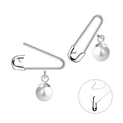 Silver Safety Pin Hoop Earrings With Pearl - 11760
