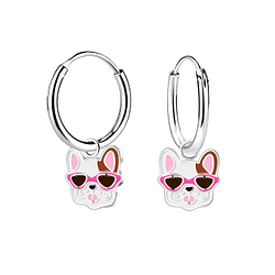 Silver French Bulldog Charm Hoop Earrings - 12678