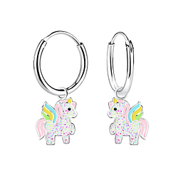 Silver Unicorn Charm Hoop Earrings - 12622