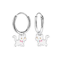 Silver Cat Charm Hoop Earrings - 12575