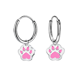 Silver Paw Print Charm Hoop Earrings - 12669