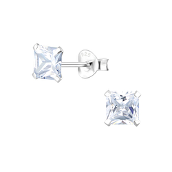 5mm Square Cubic Zirconia Silver Stud Earrings - 1333