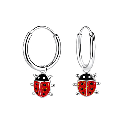 Silver Ladybug Charm Hoop Earrings - 13974