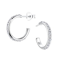 Silver Half Hoop Crystal Stud Earrings - 14964