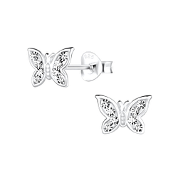 Silver Butterfly Crystal Stud Earrings - 15705