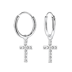 Silver Cross Crystal Charm Hoop Earrings - Wholesale - 15702 Silver Cross Crystal Charm Hoop Earrings - Wholesale - 15702